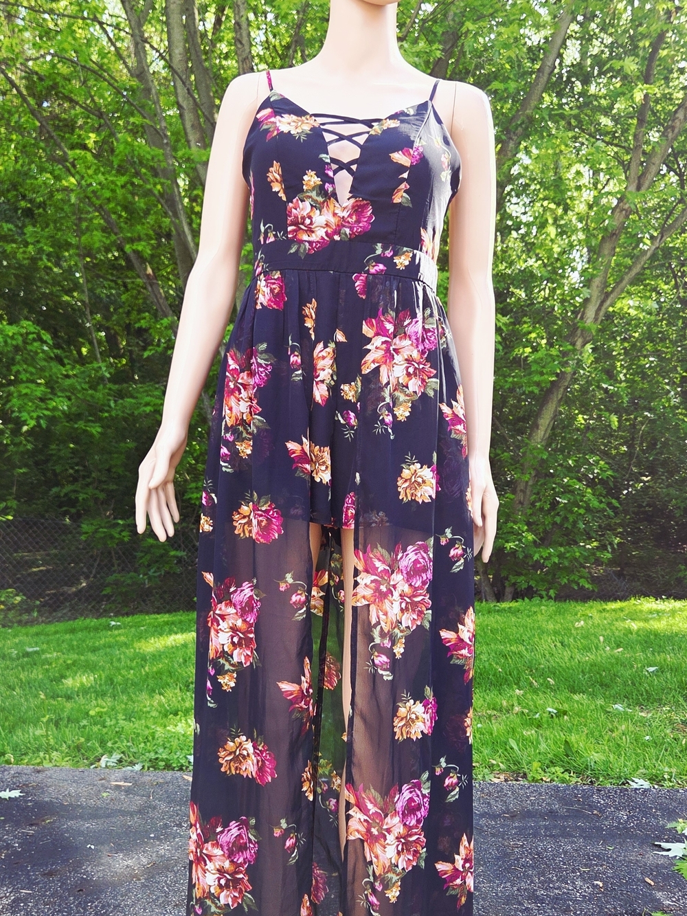 Ambiance Black Floral Lace-Up Sheer Overlay Jumpsuit